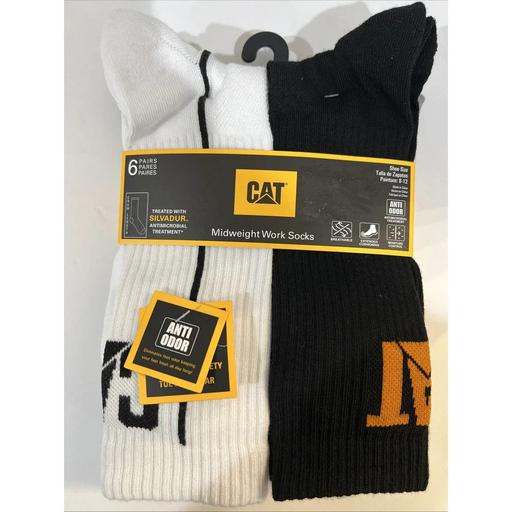 Caterpiller Men's Work Crew Boot Socks White, Gray & Black 6-Pair Size 8-12 NEW